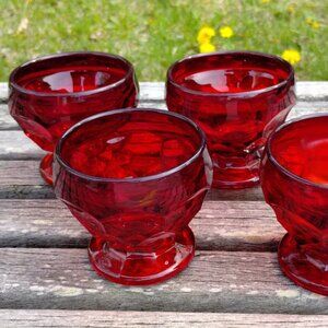 Vintage Ruby Red Glass Dessert Cups Set of 4  Mid-Century Faceted Pedestal